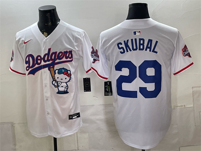 Men's Los Angeles Dodgers #29 Tarik Skubal White Hello Kitty Night 2025 World Series Champions Patch Stitched Baseball Jersey Men's Los Angeles Dodgers #29 Tarik Skubal White Hello Kitty Night 2025 World Series Champions Patch Stitched Baseball Jersey